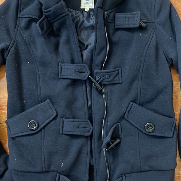 NWOT Navy Blue Preppy Pea Coat Toggle Buttons Jacket with Faux Fur Hood - Picture 3 of 10